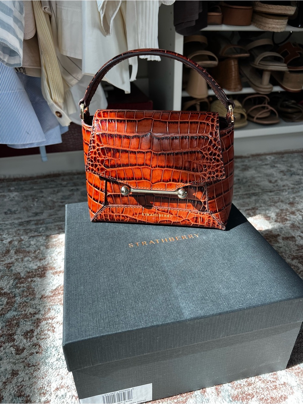 Strathberry Mosaic Nano with Original Box and Crossbody Strap - Cognac Croc Tan